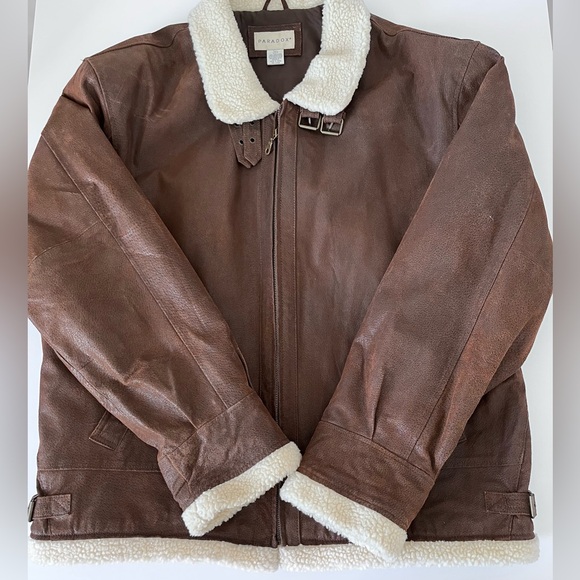 Paradox Brown Leather Sherpa Collar Trim Men Bomber Aviator Jacket Coat XXLT - Picture 3 of 8